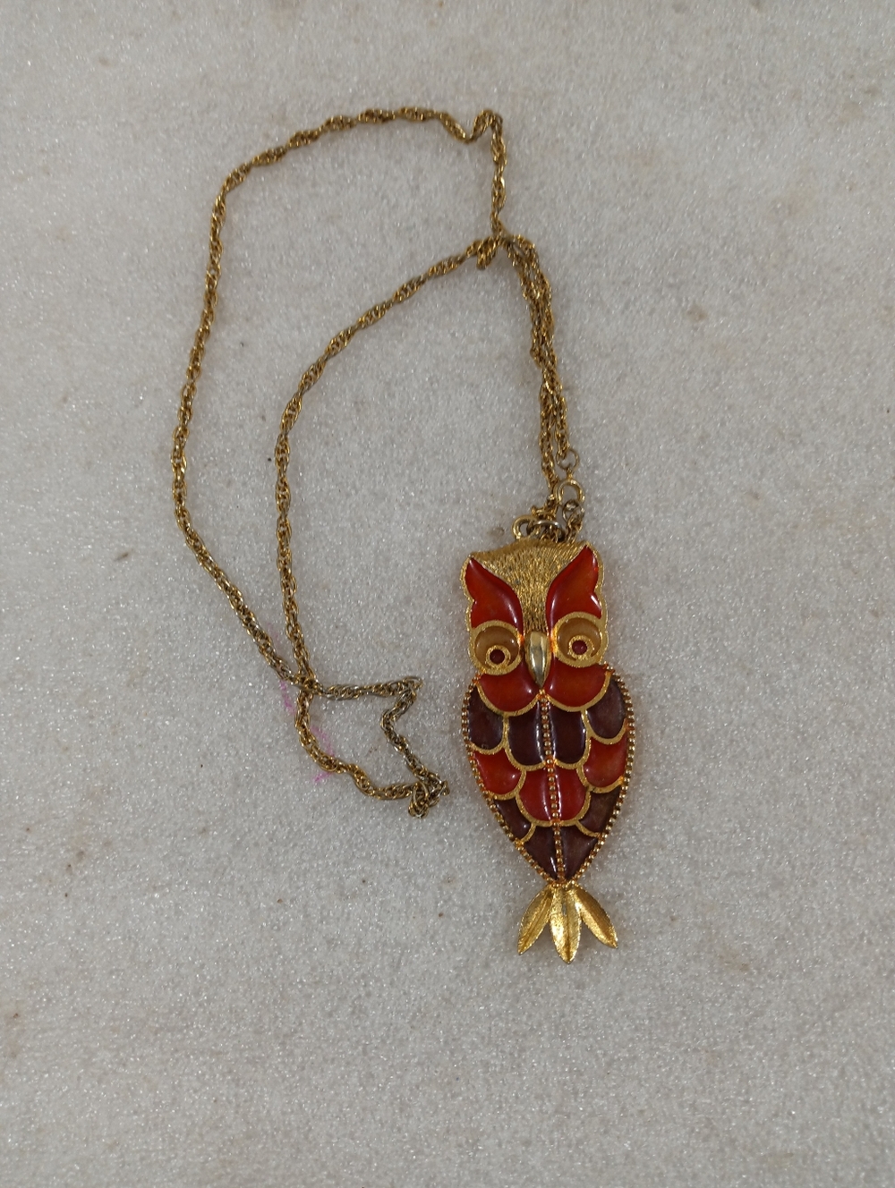 Vintage Owl Pendant Gold Tone Amber Stained Glass Like Necklace